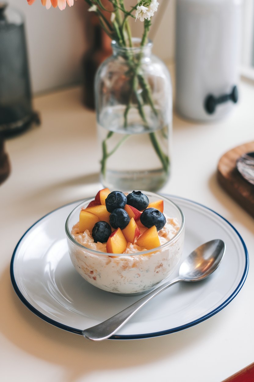 An indoor breakfast table with a small bowl of cottage cheese topped with colorful diced peaches and blueberries; no text or logos.