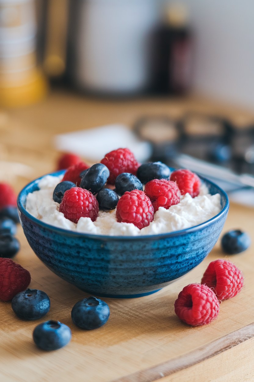 Photo of an indoor breakfast bowl containing cottage cheese topped with raspberries and blueberries, no text or logos