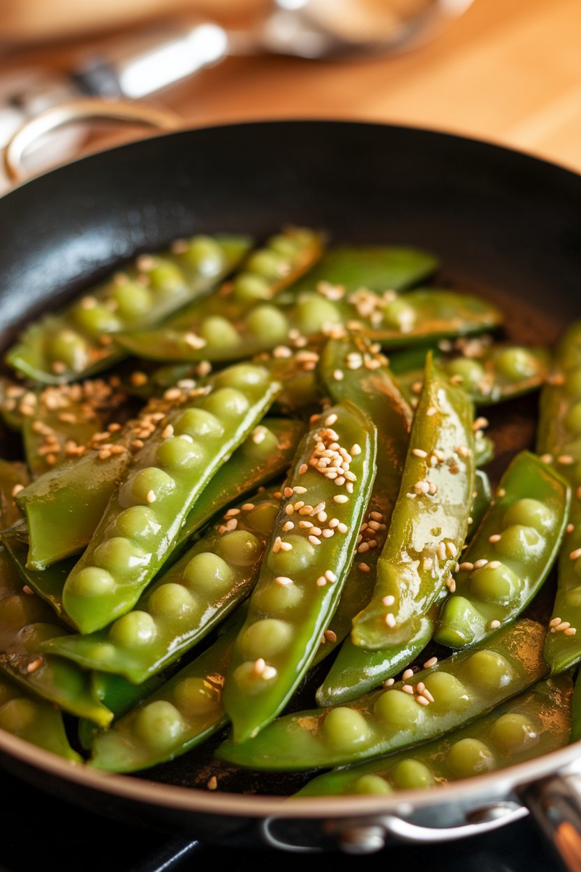 Indoor photo of bright green snow peas glistening with ginger glaze in a skillet, sesame seeds scattered. No text or logos; photo.