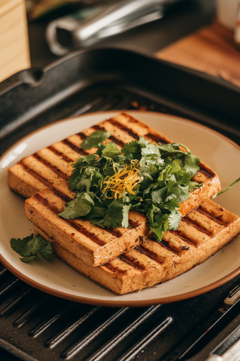 Indoor grill-pan scene of tofu steaks bearing grill marks, topped with chopped cilantro and lime zest. No brand names or text.