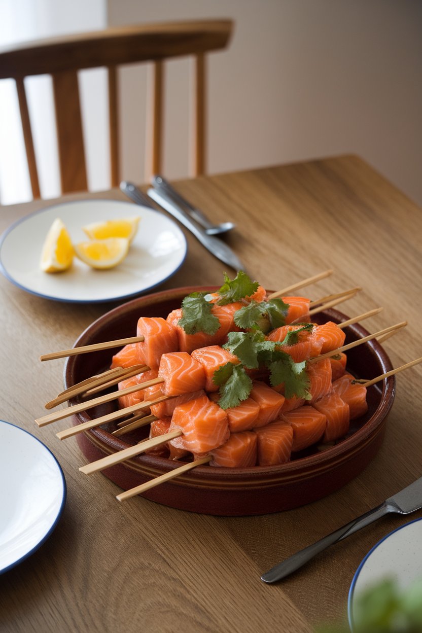 An indoor dining scene featuring bamboo skewers of glazed salmon cubes garnished with cilantro leaves, served on a ceramic platter. No visible text or logos.