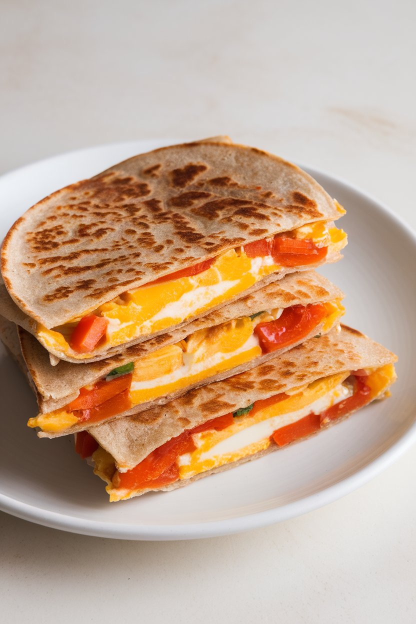 Indoor photo of a folded whole-grain quesadilla with visible egg whites, bell peppers, and cheese, sliced into wedges, no text or logos