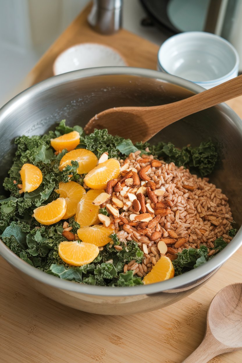 Indoor photo of a large mixing bowl showcasing chopped kale massaged with citrus dressing, mixed with cooked farro, orange segments, and toasted almonds. No logos or text.