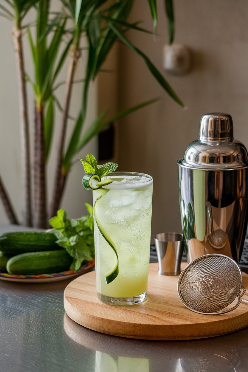 An indoor bar with a tall Collins glass of pale green drink, cucumber ribbon curling inside, bubbles rising. No text or logos.