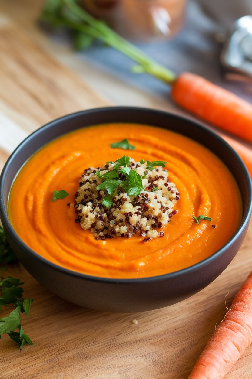 Indoor photo of a bowl of orange carrot soup topped with a small mound of cooked quinoa and chopped parsley. No text or logos.
