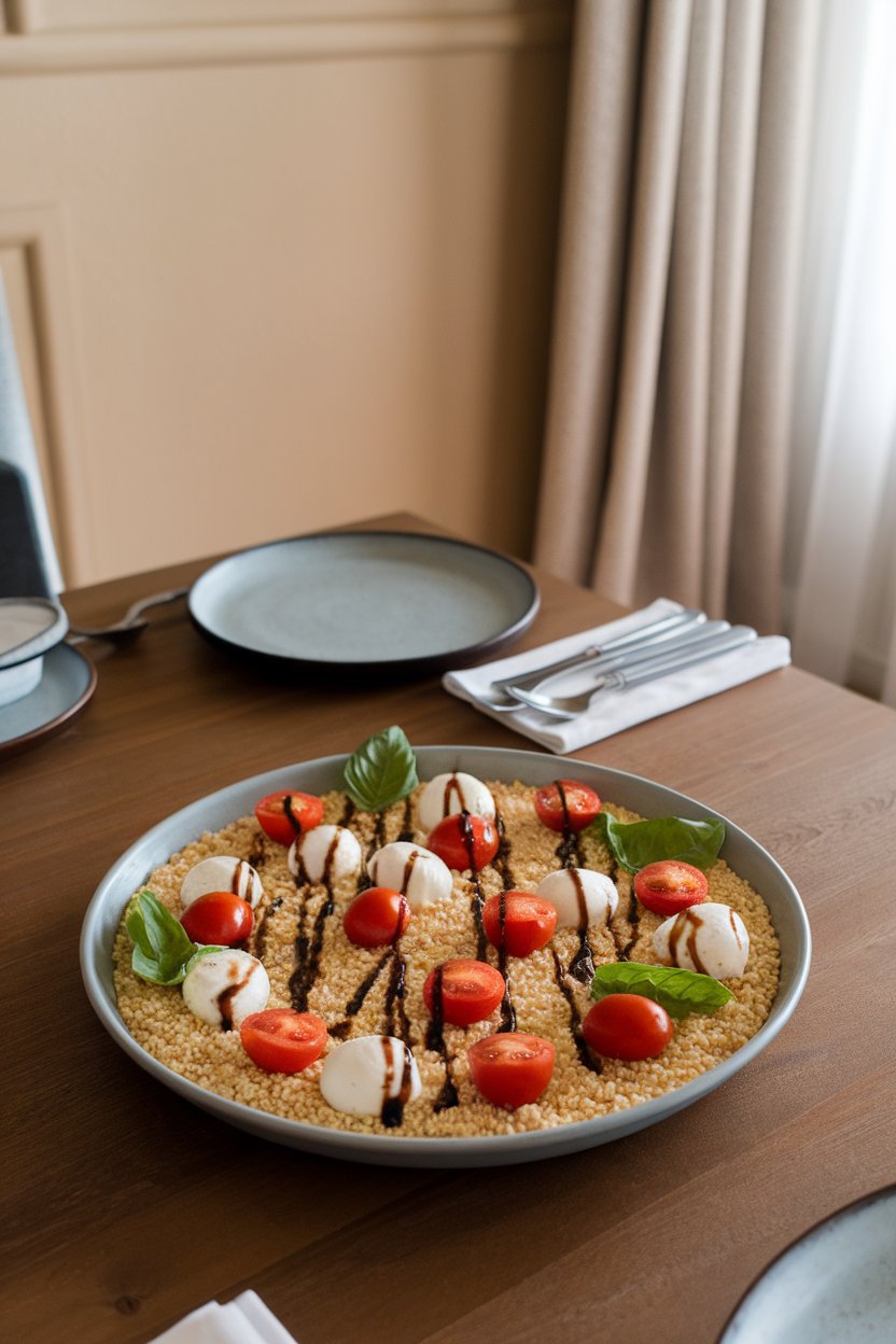 Indoor dining room with a shallow dish of pearl couscous dotted with halved cherry tomatoes, mini mozzarella balls, fresh basil leaves, and a drizzle of balsamic reduction. Photo only, no text or logos.