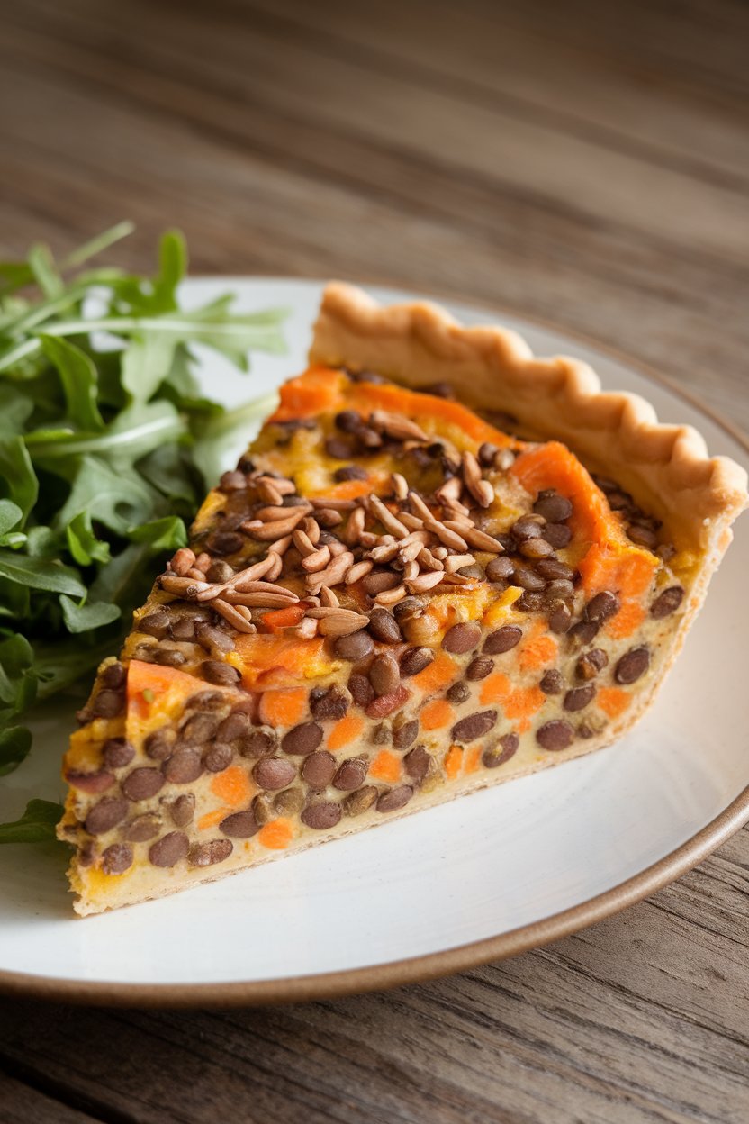 Indoor image of a slice of lentil and carrot quiche with cumin seeds sprinkled on top, no text or logos.