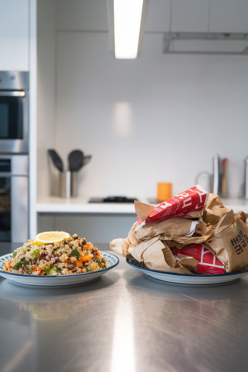 Photo of an indoor countertop with two side-by-side plates—one holding a colorful quinoa salad, the other stacked with greasy fast-food wrappers; overhead lighting; no text or logos.