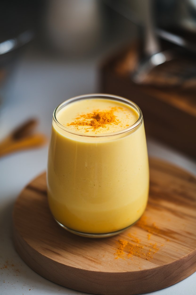 A photo of an indoor tulip glass filled with creamy mango lassi dusted with a pinch of turmeric; no text or logos.