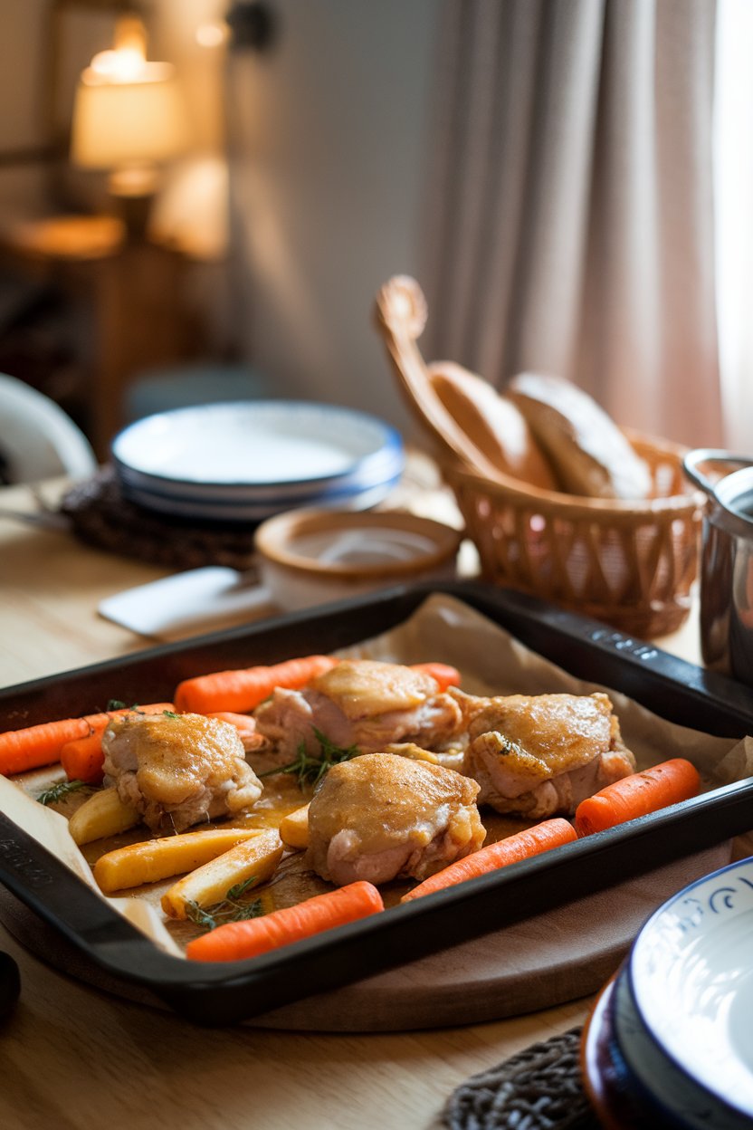 Indoor dinner table with a baking tray of golden chicken thighs, carrots, and parsnips coated in a honey glaze. Photo, no text or logos in view.