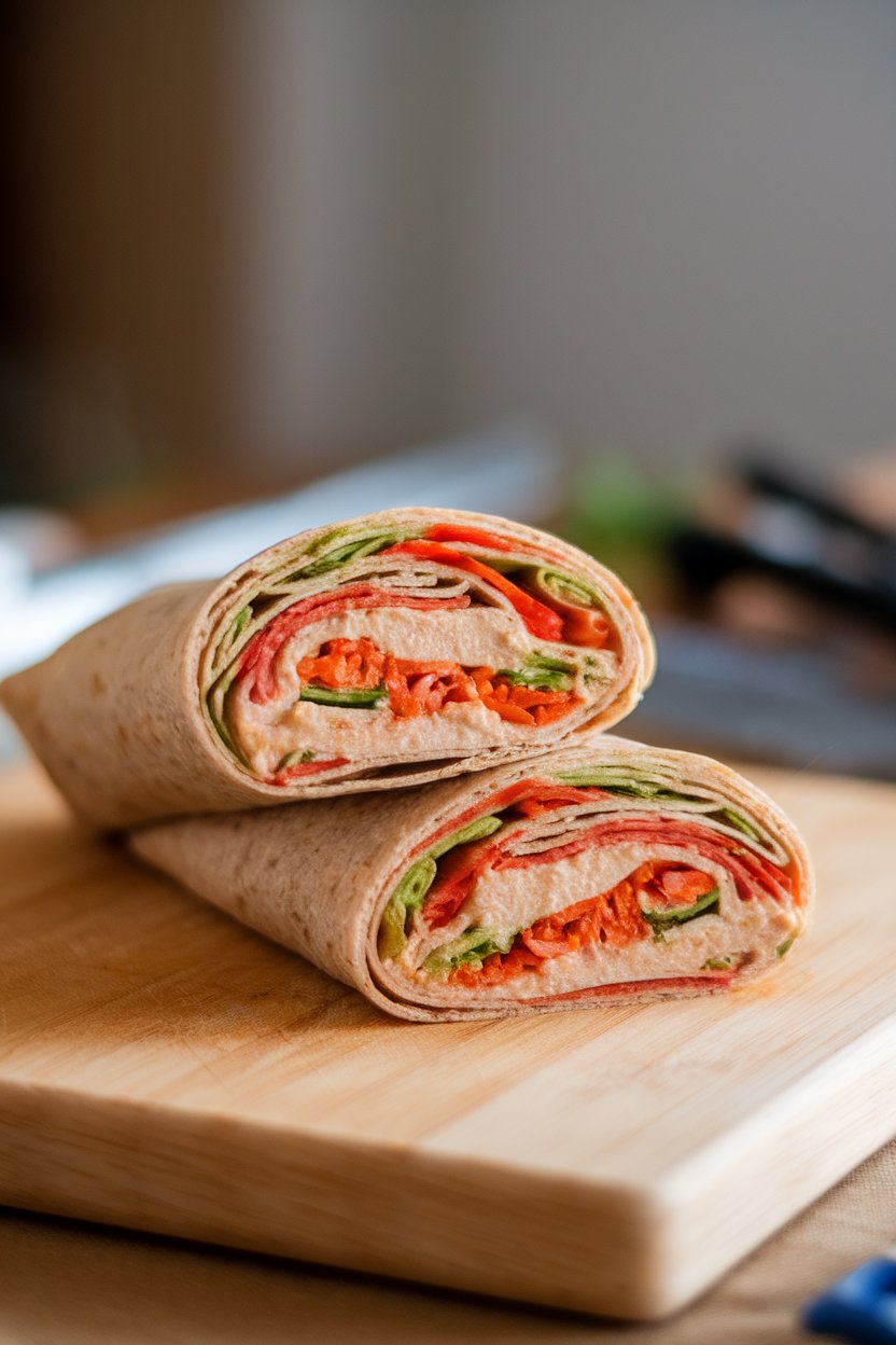 Photo of a sliced whole-wheat wrap on an indoor cutting board, revealing layers of colorful shredded vegetables and hummus. No logos or text.