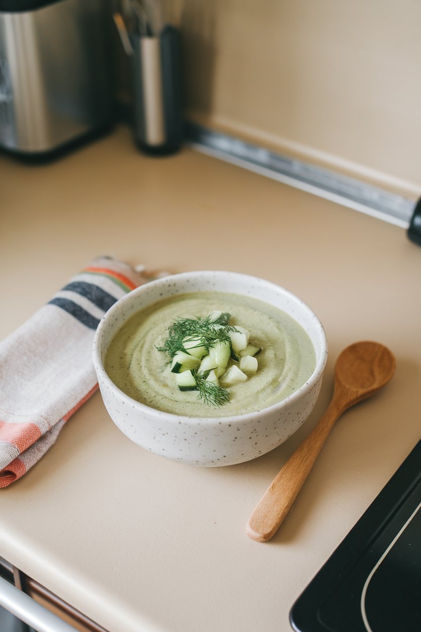 Indoor kitchen counter with a chilled bowl of pale green soup, topped with diced cucumber and dill. No logos or text; photo.