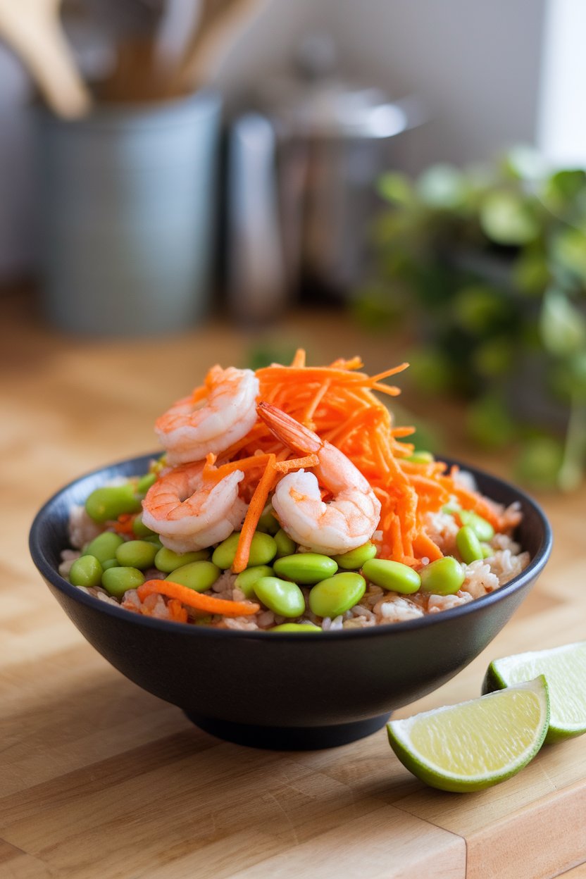 An indoor countertop featuring a bowl of brown rice topped with sautéed shrimp, shelled edamame, and shredded carrots, garnished with lime wedges; no text or logos; photo