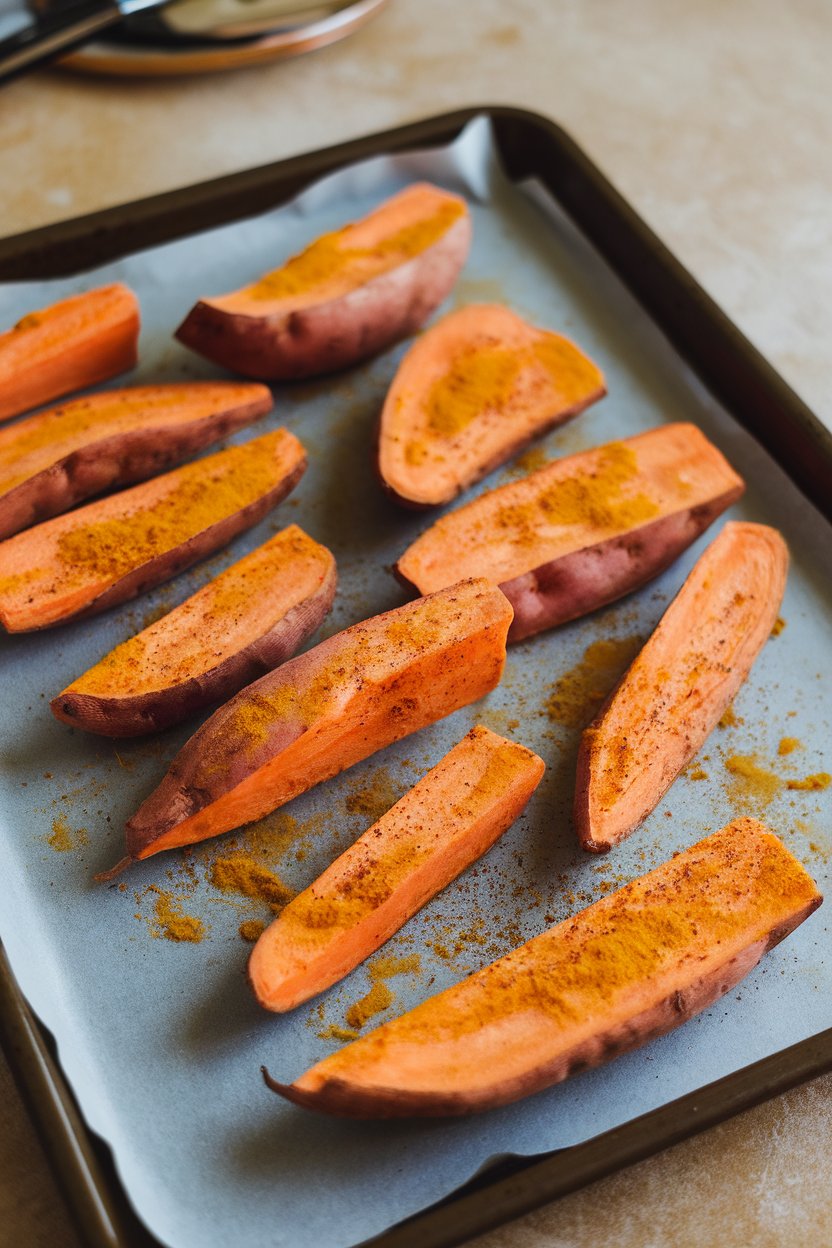 An indoor baking sheet of orange sweet potato wedges dusted with turmeric and black pepper. No text or logos. Photo, not illustration.
