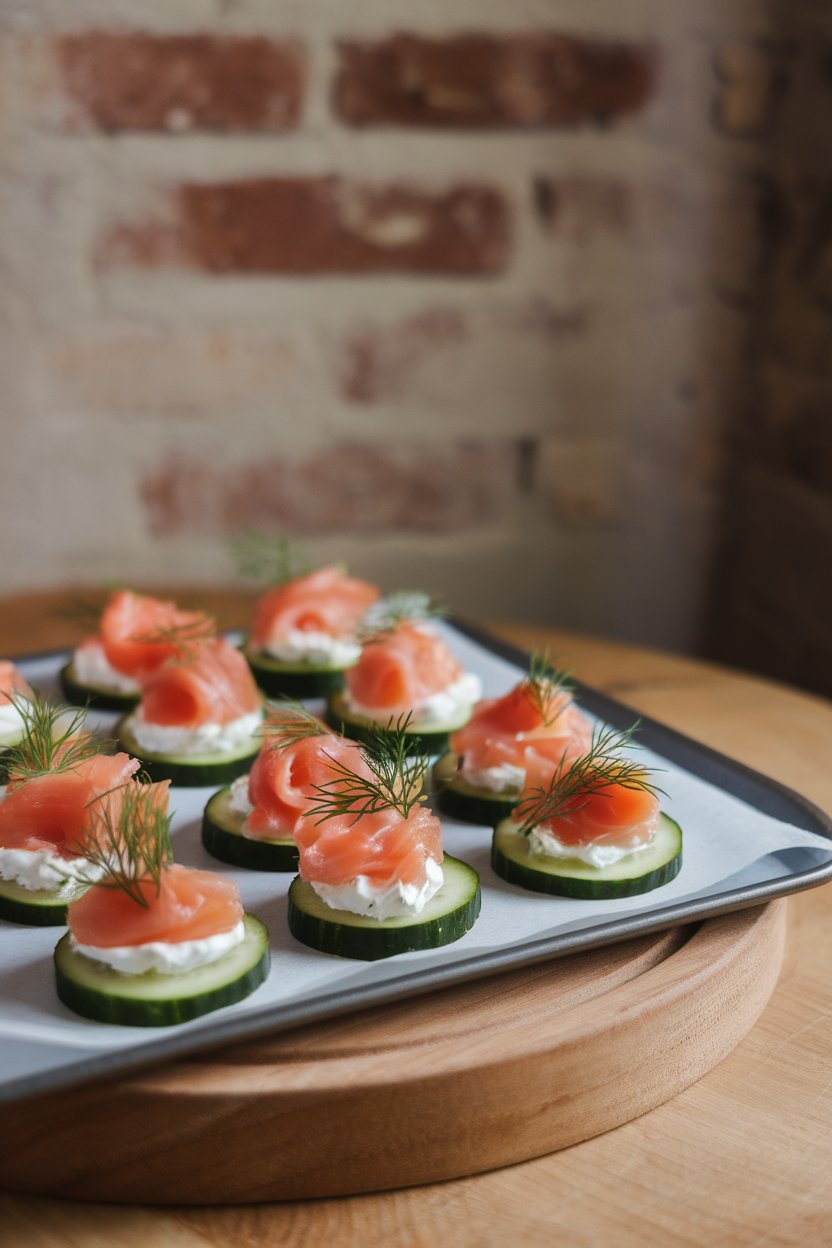 Indoor tray of cucumber rounds topped with smoked salmon, dill, and a dab of cream cheese. No text or logos. Photo only.