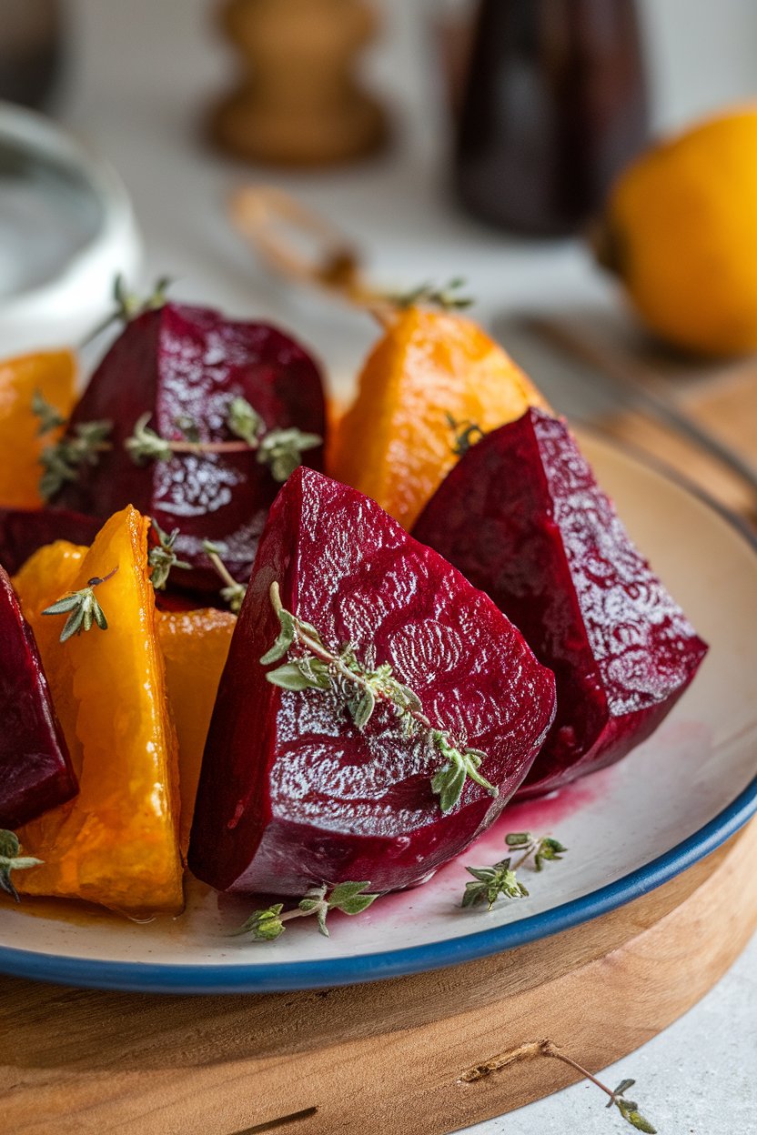 Indoor photo of red and golden beet wedges on a serving plate, glistening with citrus glaze and scattered thyme leaves. No text or logos.
