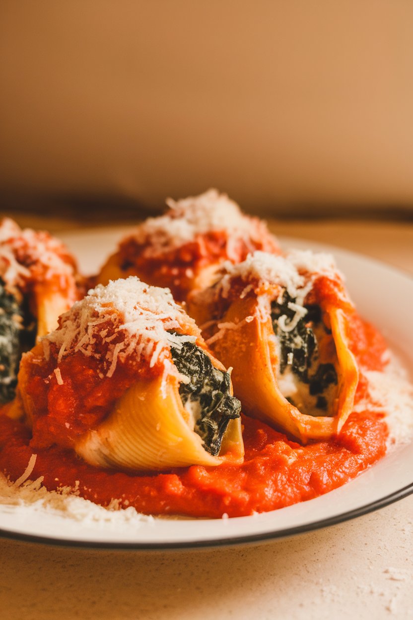 Photo of baked pasta shells oozing spinach-ricotta filling under a blanket of tomato sauce and melted mozzarella indoors; no text or logos.
