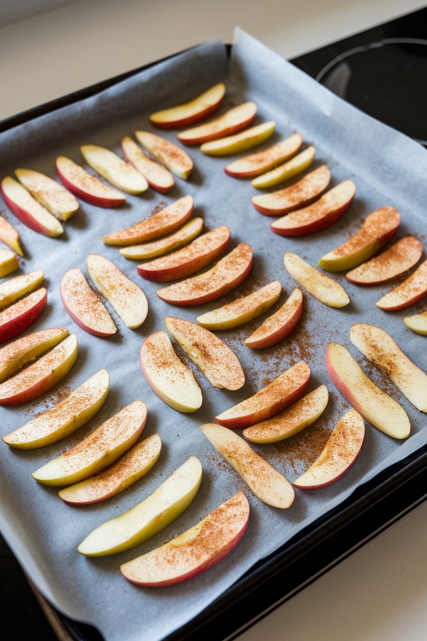 Indoor photo of a baking sheet lined with thin apple slices lightly dusted with cinnamon, visibly crisp; kitchen counter, no text or logos