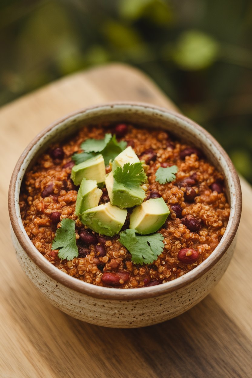 Indoor food photo of a rustic ceramic bowl filled with thick quinoa and black bean chili, topped with diced avocado and cilantro; warm overhead lighting, no text or logos.