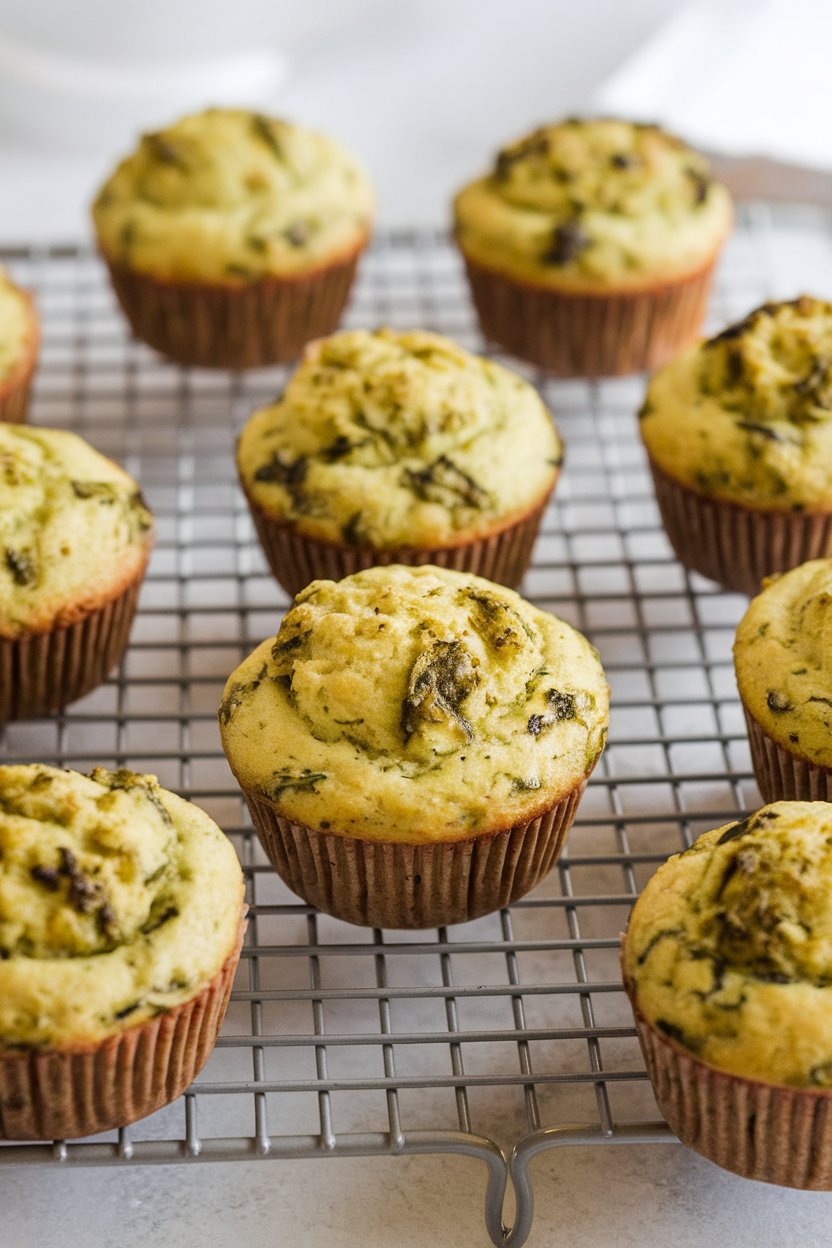 An indoor cooling rack holding mini savory zucchini muffins flecked with basil pesto. No text or logos.