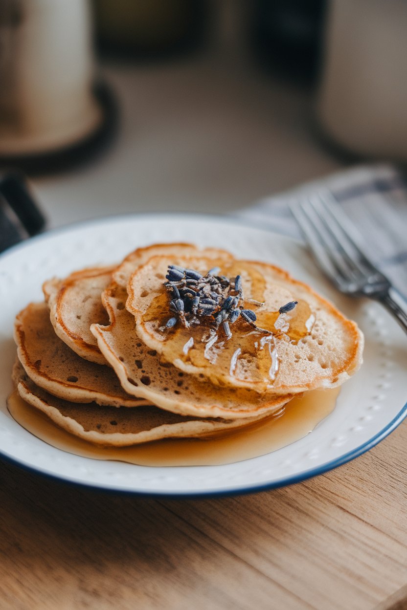Indoor scene with delicate buckwheat pancakes, drizzle of honey and a pinch of dried lavender buds on top; no logos.
