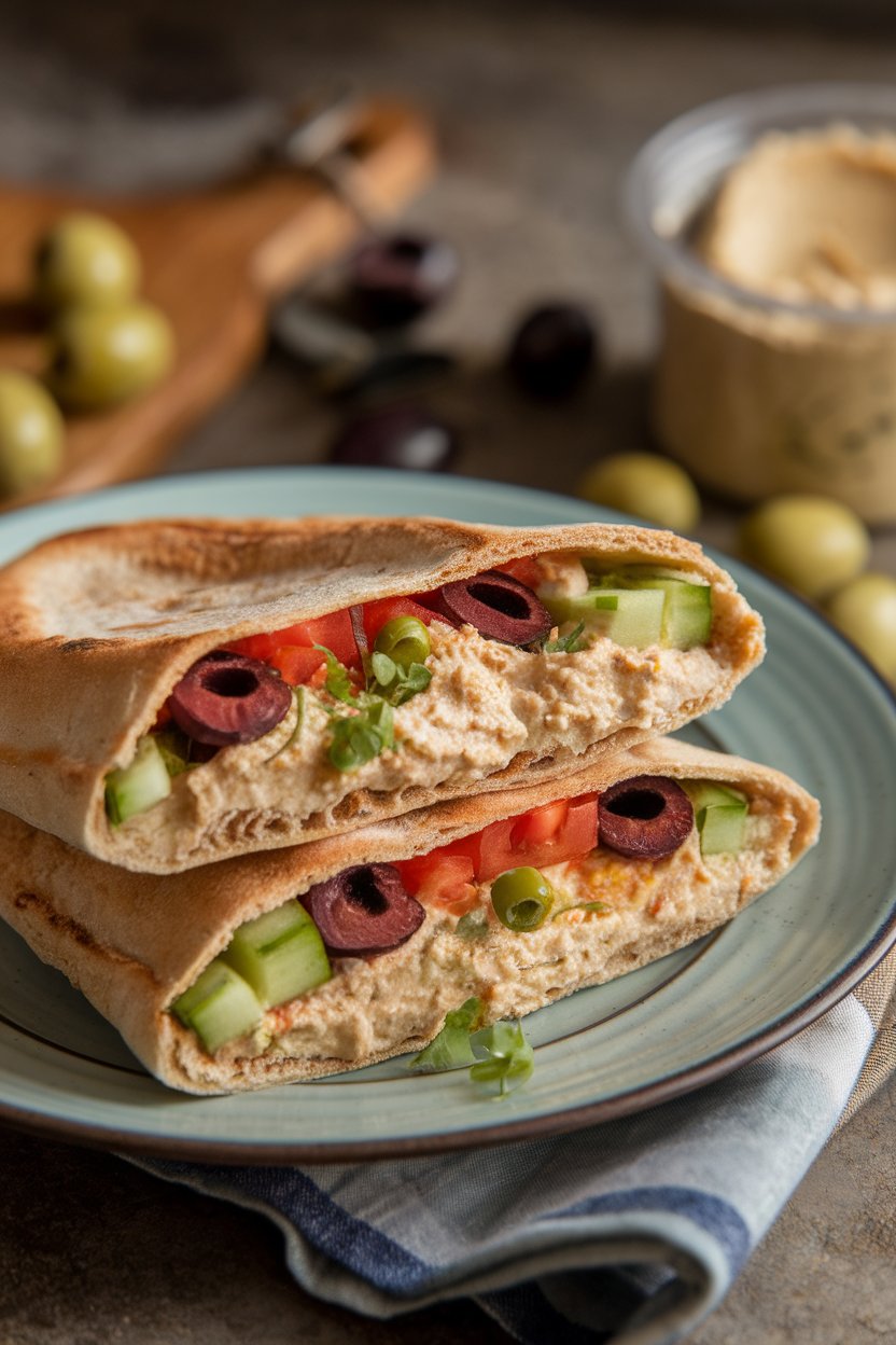 An indoor plate with a whole-wheat pita pocket packed with cucumber, tomato, olives, and hummus. No text or logos visible. Photo only.