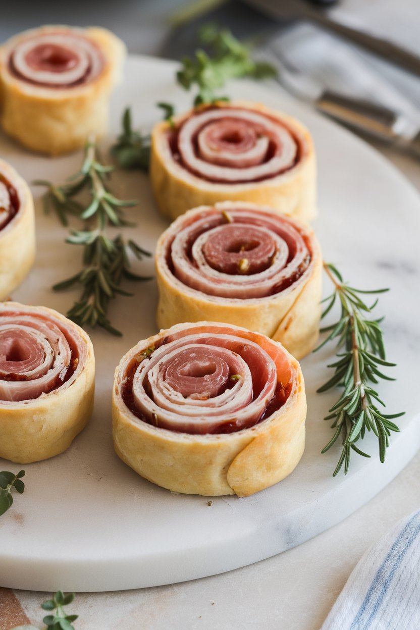 Sliced crescent-roll pinwheels showing layers of prosciutto and fig jam on an indoor marble board. No text or logos. Photo.
