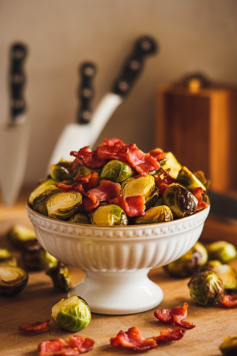 A white serving bowl indoors filled with roasted Brussels sprouts and crispy bacon pieces, no text or logos. Photo.