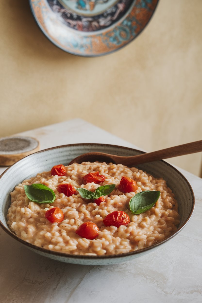 Photo prompt: Indoor dining table with a shallow bowl of creamy farro risotto, dotted with cherry tomatoes and fresh basil leaves. No text or logos visible.