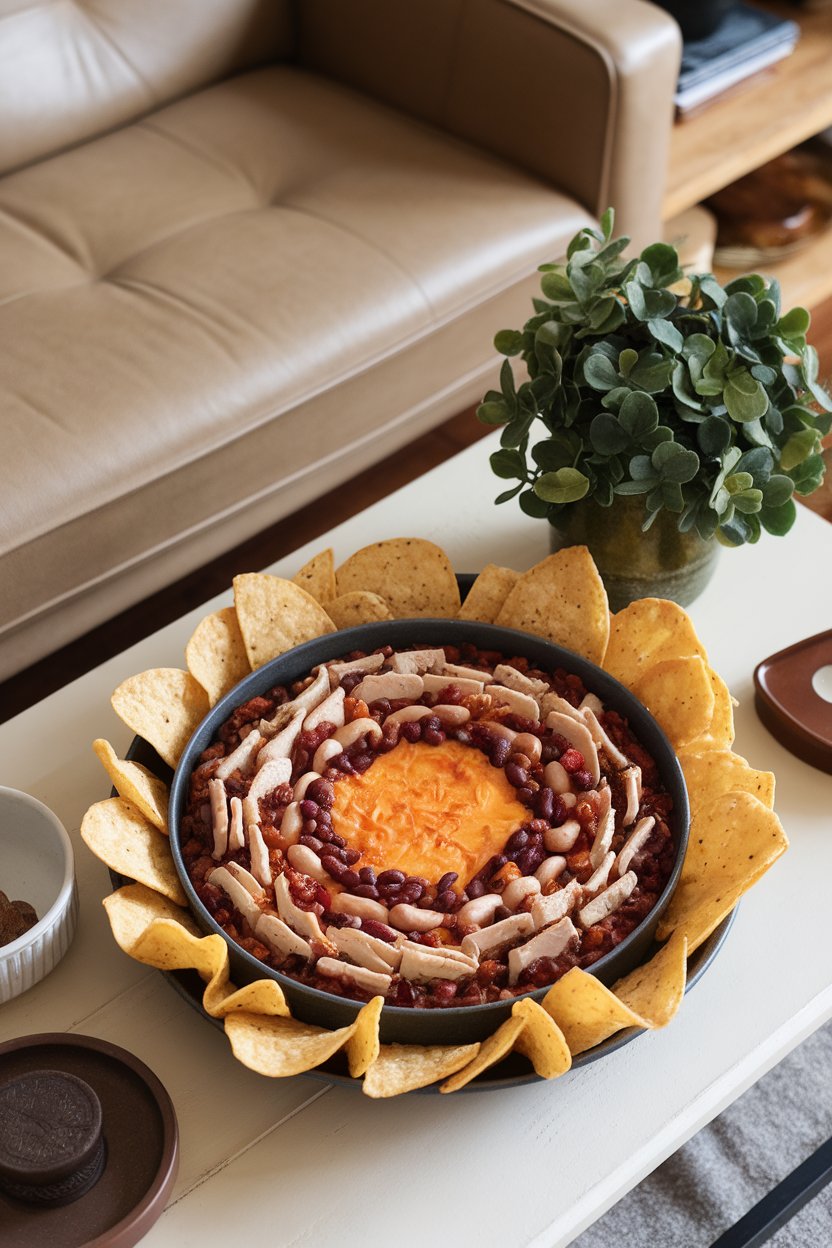 An indoor coffee table scene with a shallow baking dish of layered bean, turkey, and cheese dip, surrounded by baked tortilla chips. No logos. Photo.