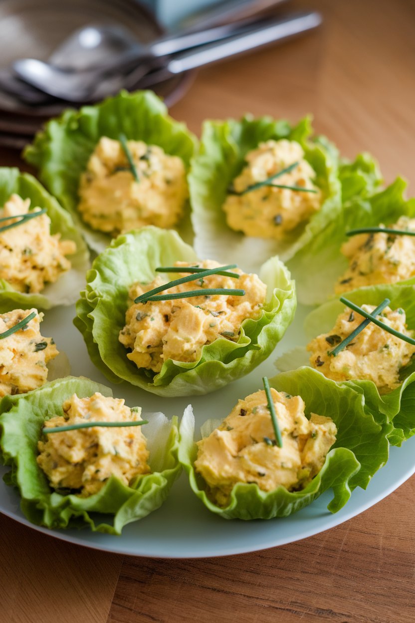 An indoor plate of butter-lettuce cups filled with mashed avocado egg salad, sprinkled with chives, no logos present.