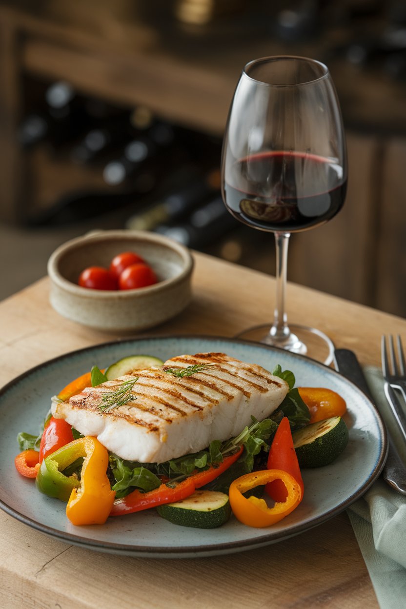 Indoor dinner scene with a single glass of red wine served alongside a balanced plate of grilled fish and vegetables. Soft ambient light, no text or logos.