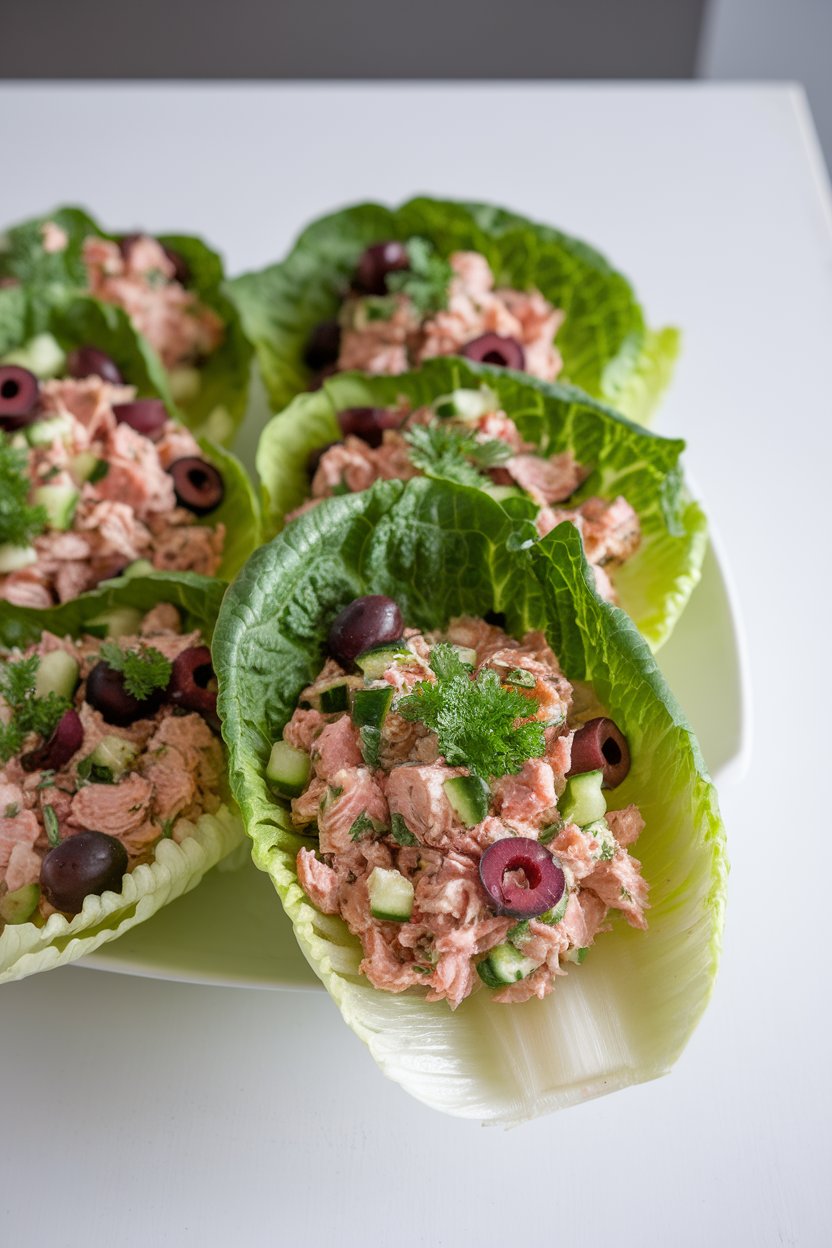 Indoor photo of crisp romaine leaves holding tuna salad mixed with olives, diced cucumber, and herbs, arranged on a white platter; no text or logos.