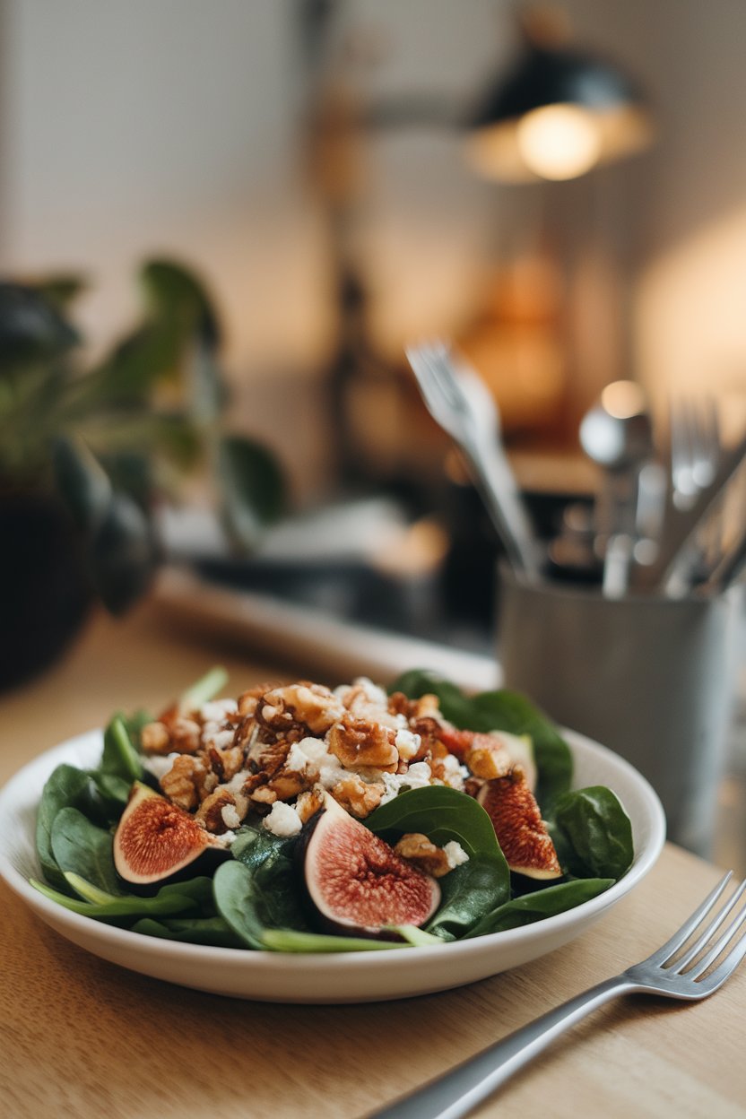 Photo of baby spinach topped with quartered fresh figs, toasted walnuts, and goat cheese crumb indoors, no text or logos.