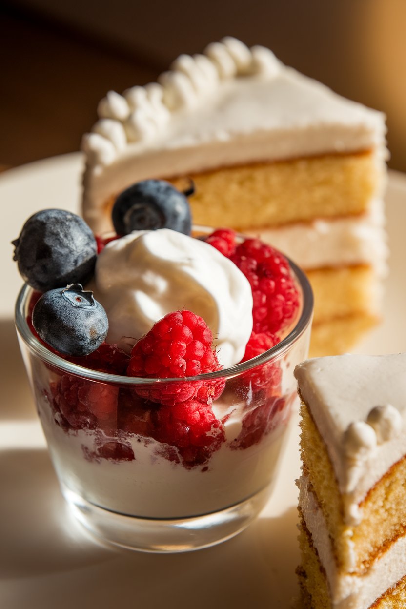 Indoor photo of a small dessert bowl filled with fresh berries and a dollop of yogurt, placed beside a slice of frosted cake for comparison. Warm light, no text or logos.