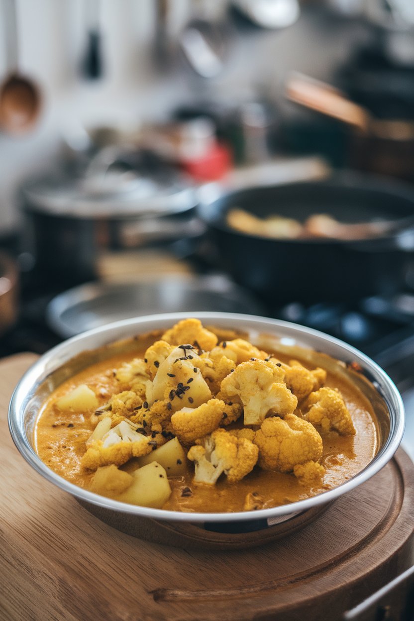 Indoor food photo of golden cauliflower and potato curry in a wide-rim bowl, sprinkled with cumin seeds; no text or logos.