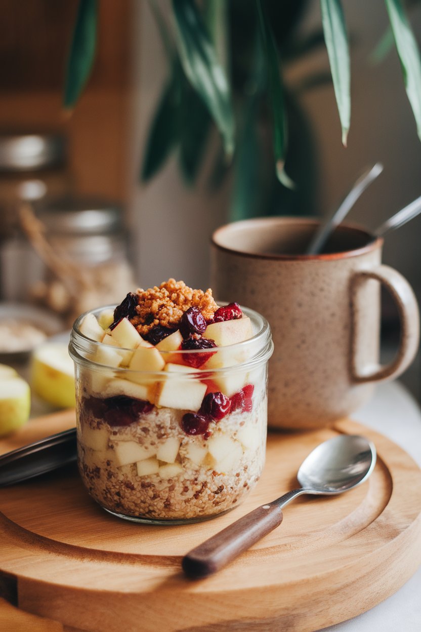 Indoor cozy breakfast photo of a jar layered with diced apples, dried cranberries, and a sprinkle of toasted quinoa flakes on top. No branding. Photo, not illustration.