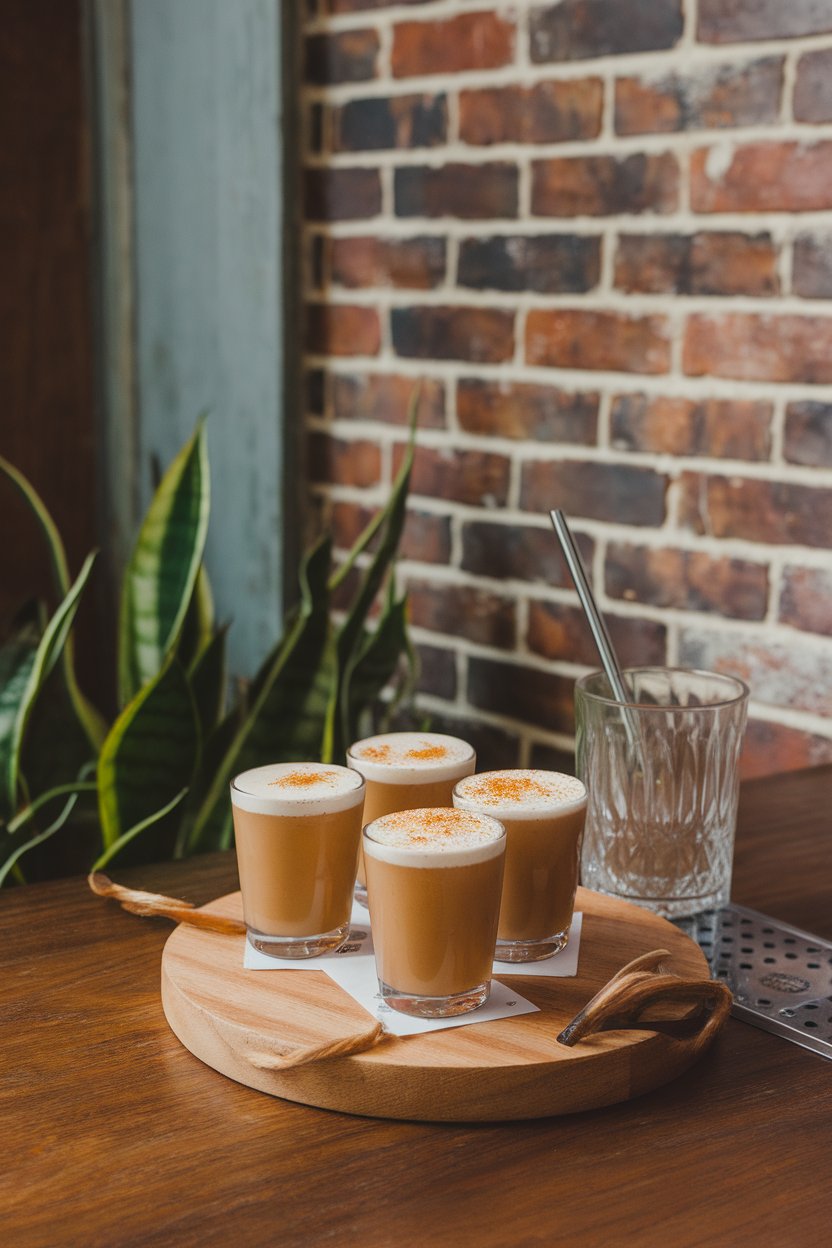 Photo of warm-tan shots with a dusting of chai spice on foam, indoor bar; no logos.