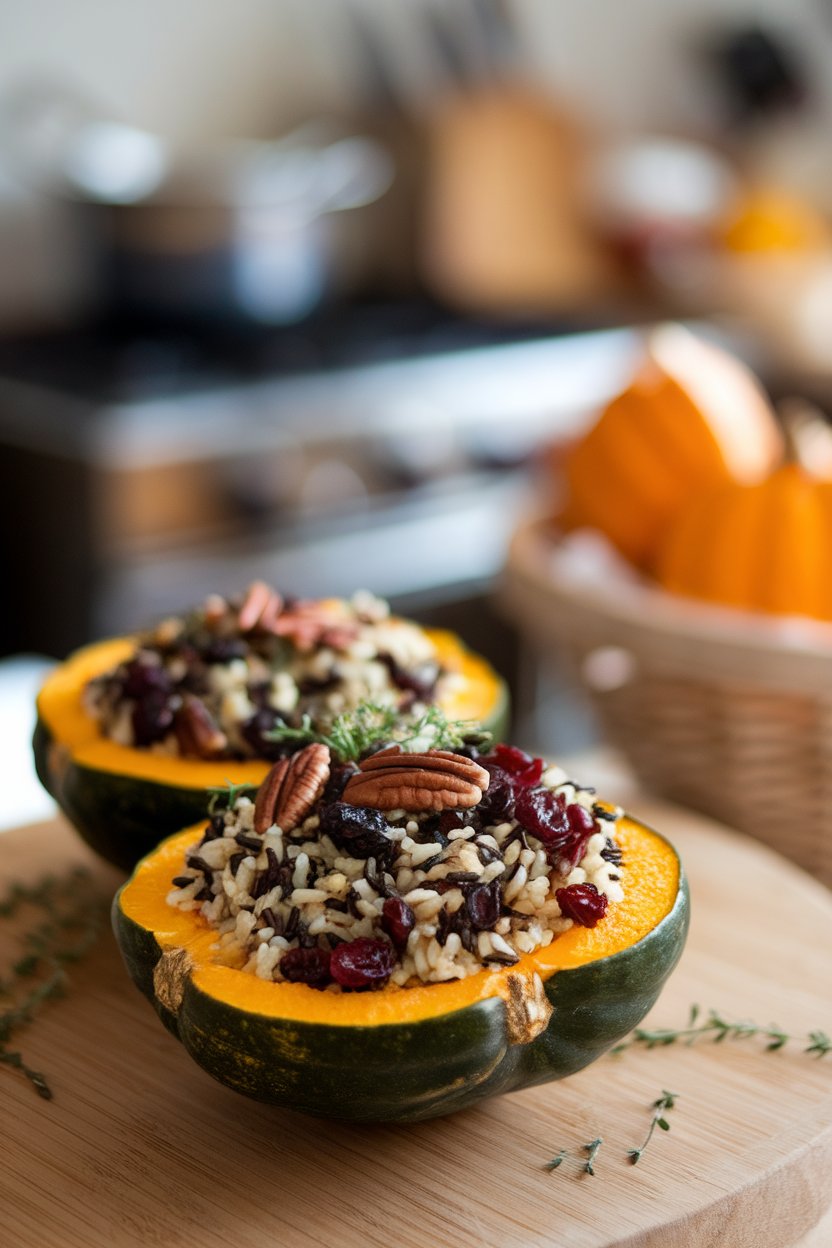 Halved acorn squash indoors brimming with wild rice, dried cranberries, and pecan pieces, no text or logos.