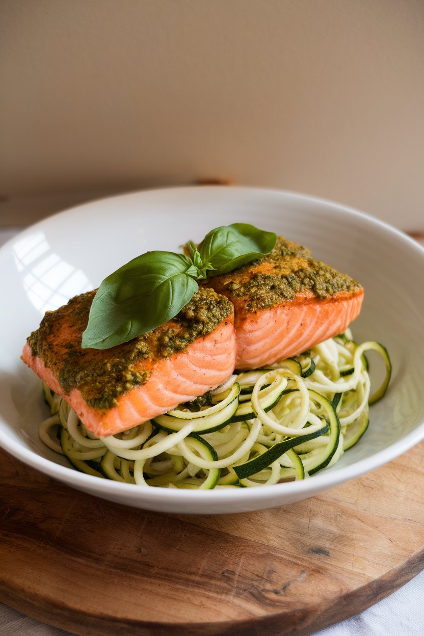 An indoor dining table with a shallow white bowl of spiralized zucchini noodles topped by a vibrant green pesto-coated salmon fillet. No text or logos appear in the photo.