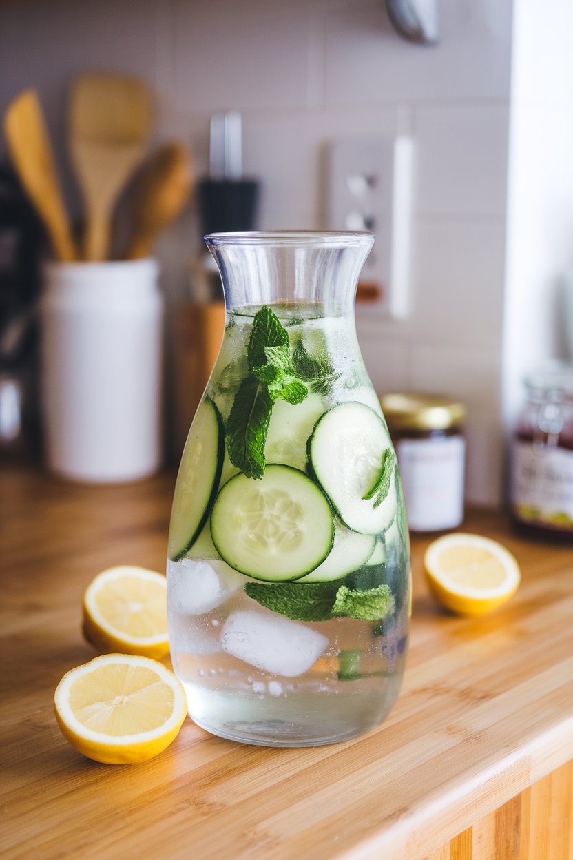 An indoor carafe of water infused with cucumber ribbons and fresh mint sprigs on a wooden kitchen counter. No text or logos visible.