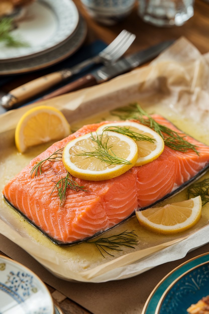 Indoor dining table featuring a fillet of cooked salmon topped with melting dill butter and lemon slices on parchment. No text or logos. Photo only.