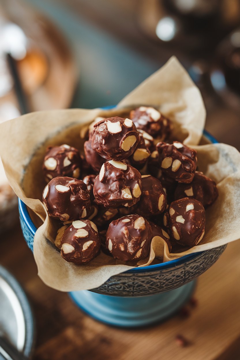 Indoor dessert dish with several bite-sized dark chocolate–coated almond clusters on parchment. No text or logos, photo not illustration.