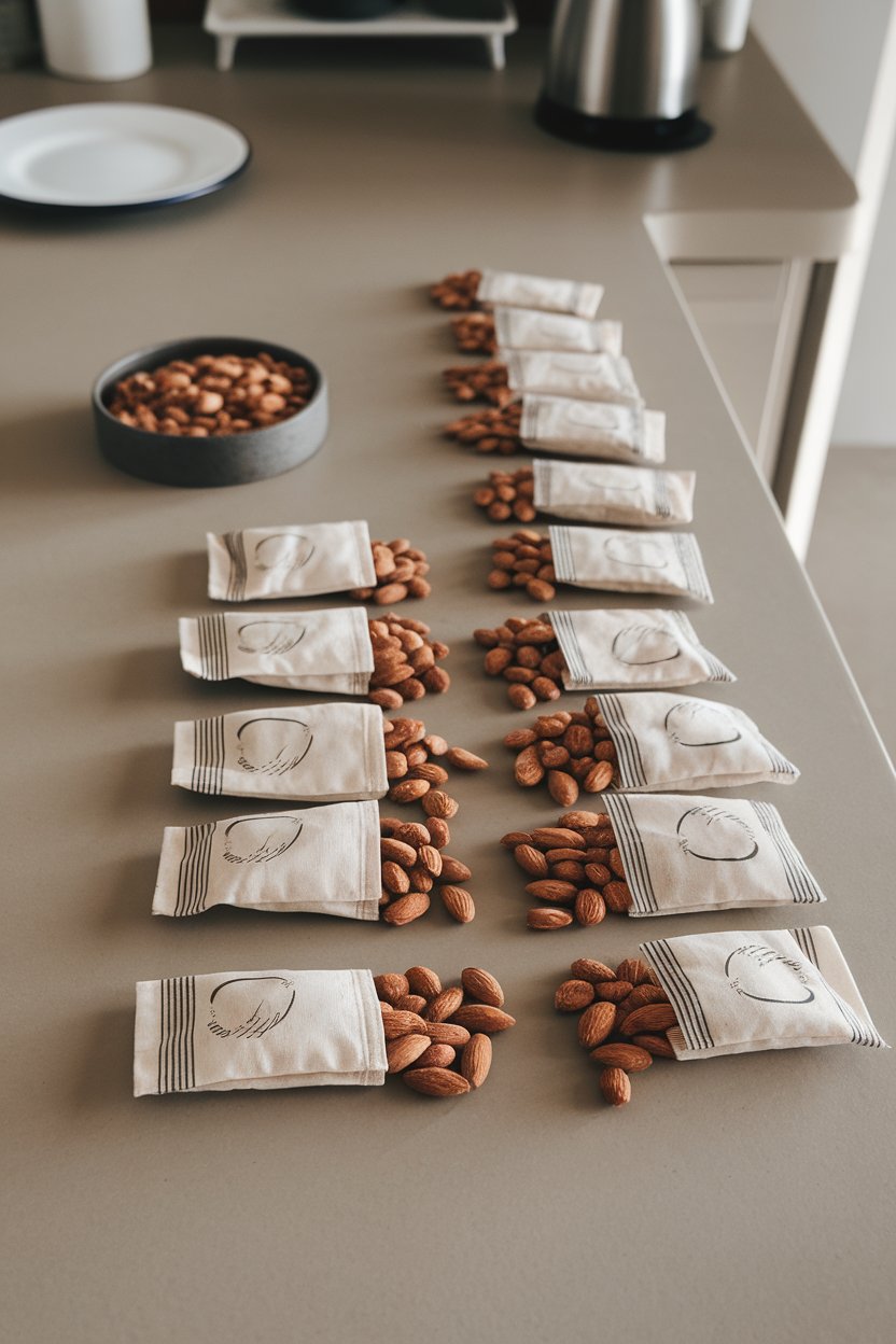 Photo showing small reusable snack bags each containing a handful of almonds, lined up on a kitchen counter indoors, no logos.
