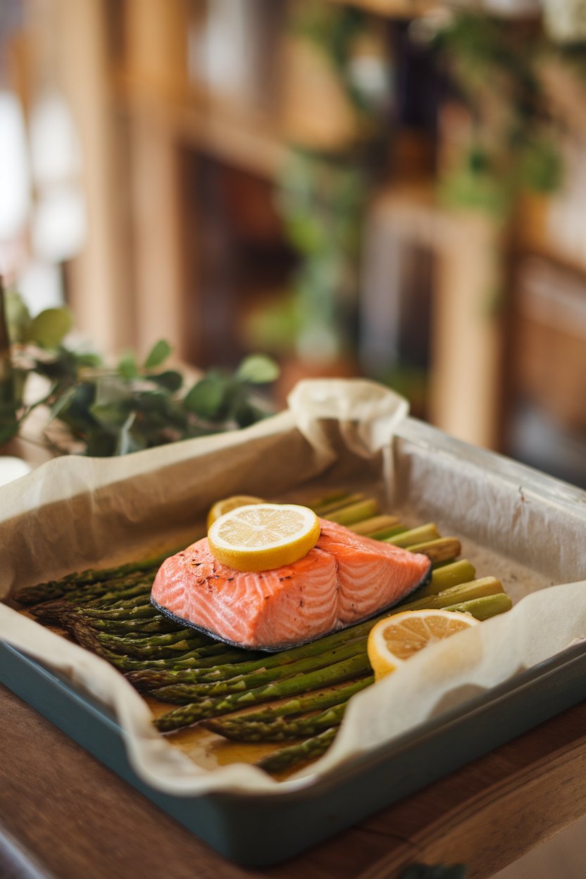 Warm indoor dining table displaying a parchment-lined baking dish holding cooked salmon fillet and roasted asparagus spears, lemon slices on top. No text or logos, photo not illustration.