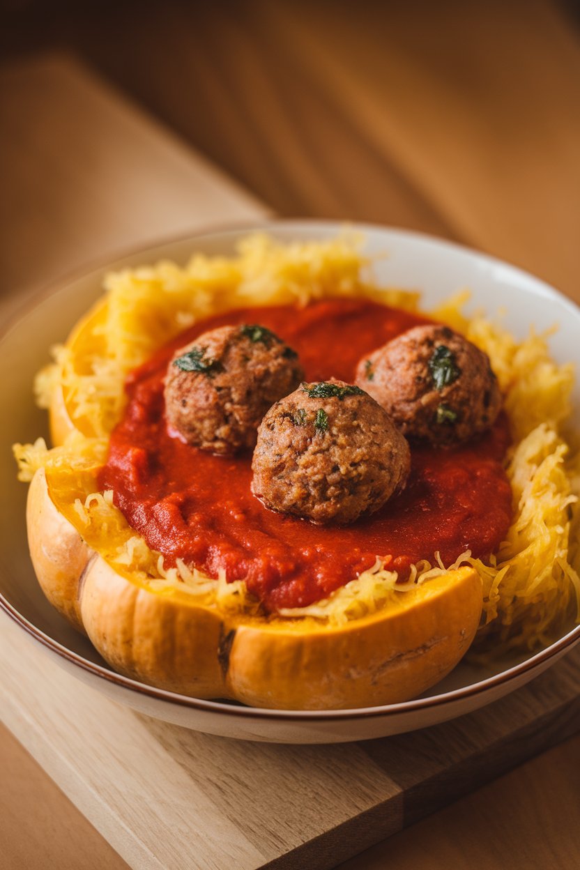Indoor photo of spaghetti squash strands topped with turkey meatballs and marinara in a shallow bowl; warm indoor light, no text or logos