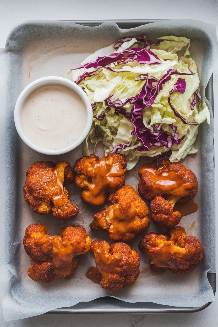 An indoor tray lined with parchment holding glazed cauliflower “wings” beside a ramekin of vegan ranch and a pile of colorful cabbage slaw. No text or logos; photo, not illustration.