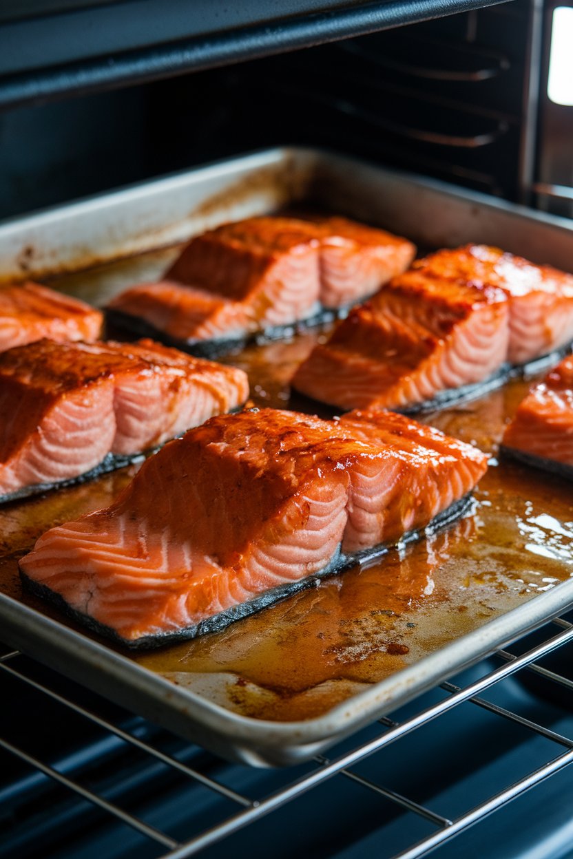 An indoor oven-side shot of a baking sheet holding broiled salmon fillets glazed with a shiny honey-sriracha mixture, edges slightly charred. No text or logos anywhere.