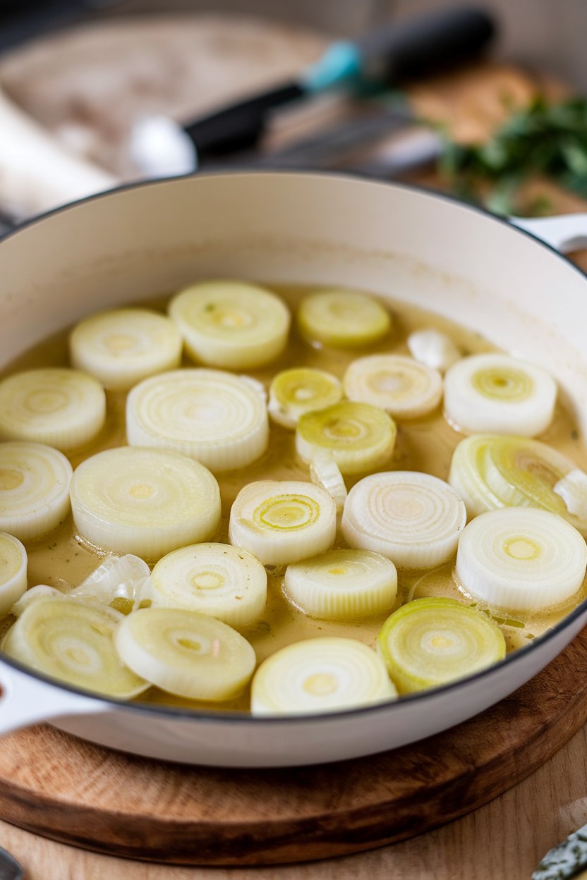 Indoor skillet with soft, translucent leek rounds glistening in light white-wine sauce. No text or logos.