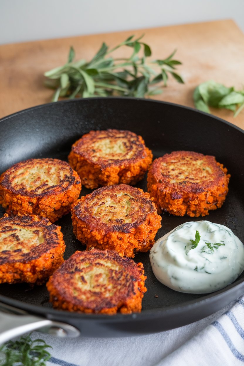 A skillet indoors with crispy sweet potato-quinoa patties, a dollop of Greek yogurt sauce on the side; no text or logos; photo.